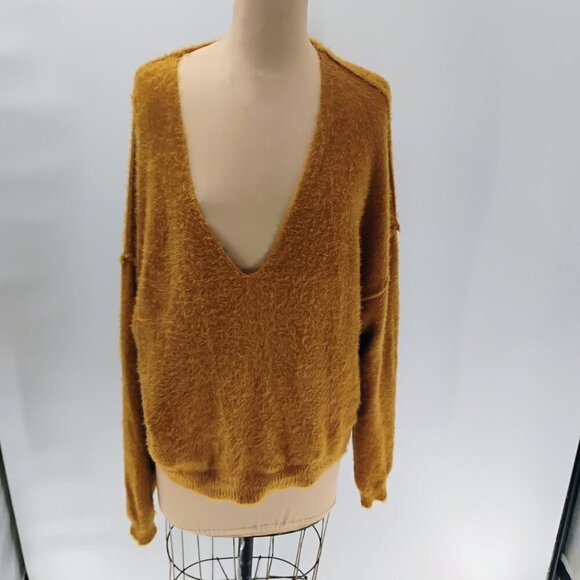 Free People Princess Sweater Gold Fuzzy Vneck Pullover S - Picture 2 of 12